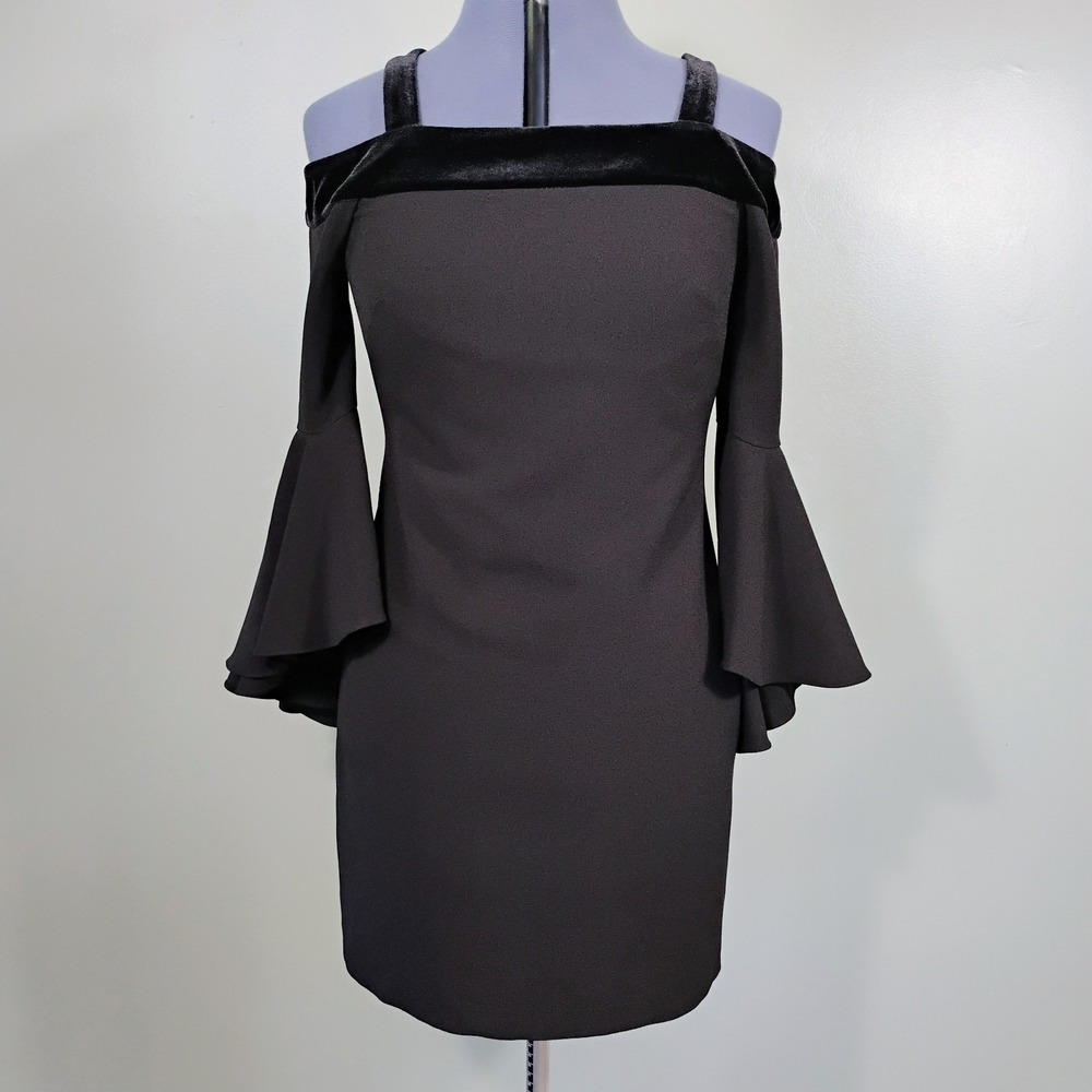 Chelsea28 Black Womens Velvet Trim Ruffle Sleeve Shift Mini Dress Size 6 Formal - Picture 1 of 10